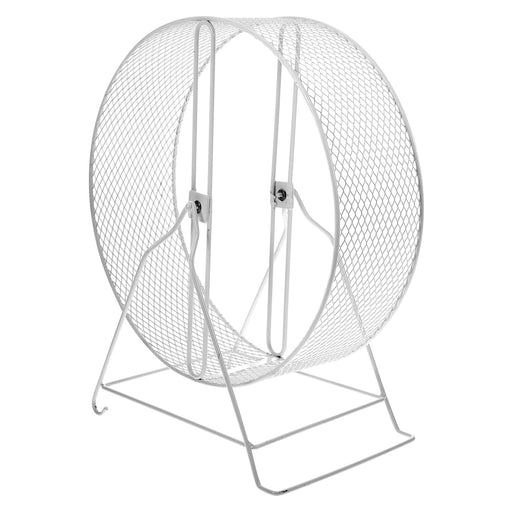 White wire mesh hamster exercise wheel with metal stand on white background