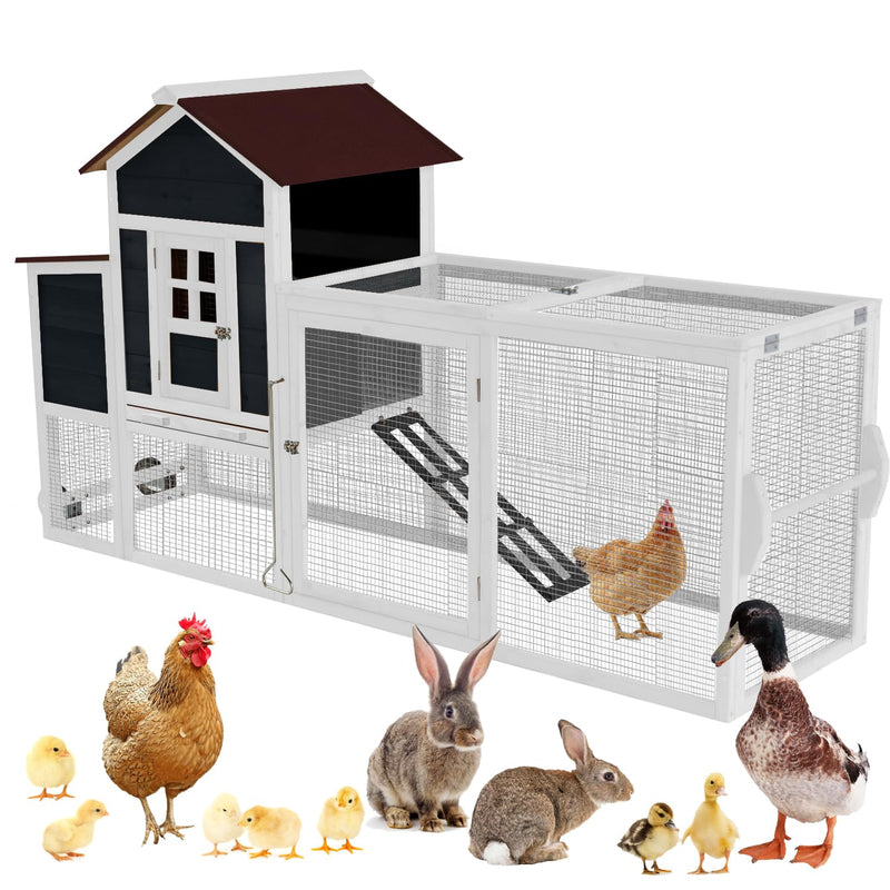 White wooden chicken coop with dark roof and mesh run, surrounded by various farm animals