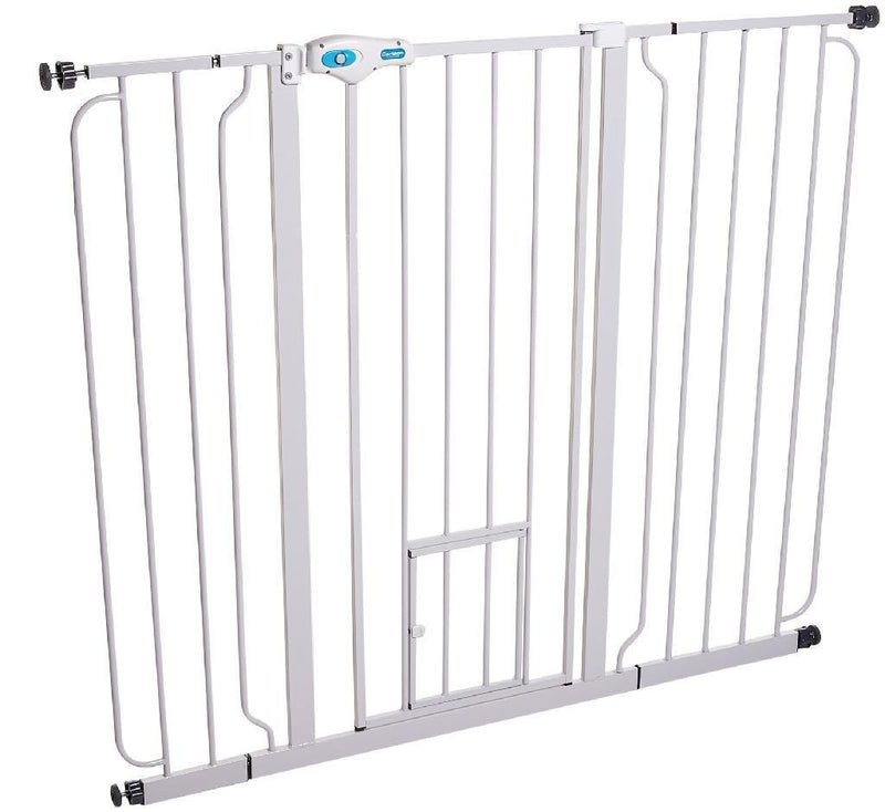 White metal extra wide pet gate with small cat door opening at bottom center