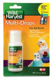 Wild Harvest Multi-Drops vitamin supplement bottle in green and orange packaging for all birds