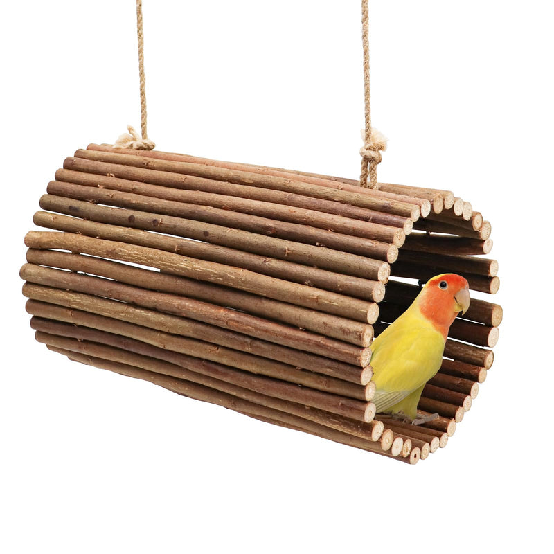 Natural willow bird swing cave with small yellow and orange parrot perched at entrance opening