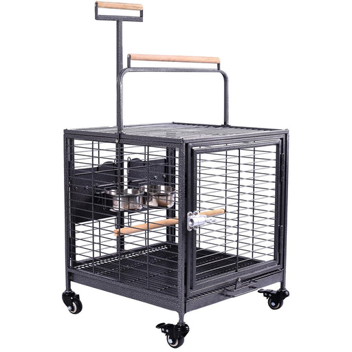 Black wire bird cage with wheels, perches, feeding bowls and carrying handle on white background
