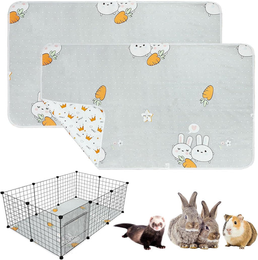 Wire pet enclosure with gray bunny and carrot patterned cage liners, shown with rabbits and