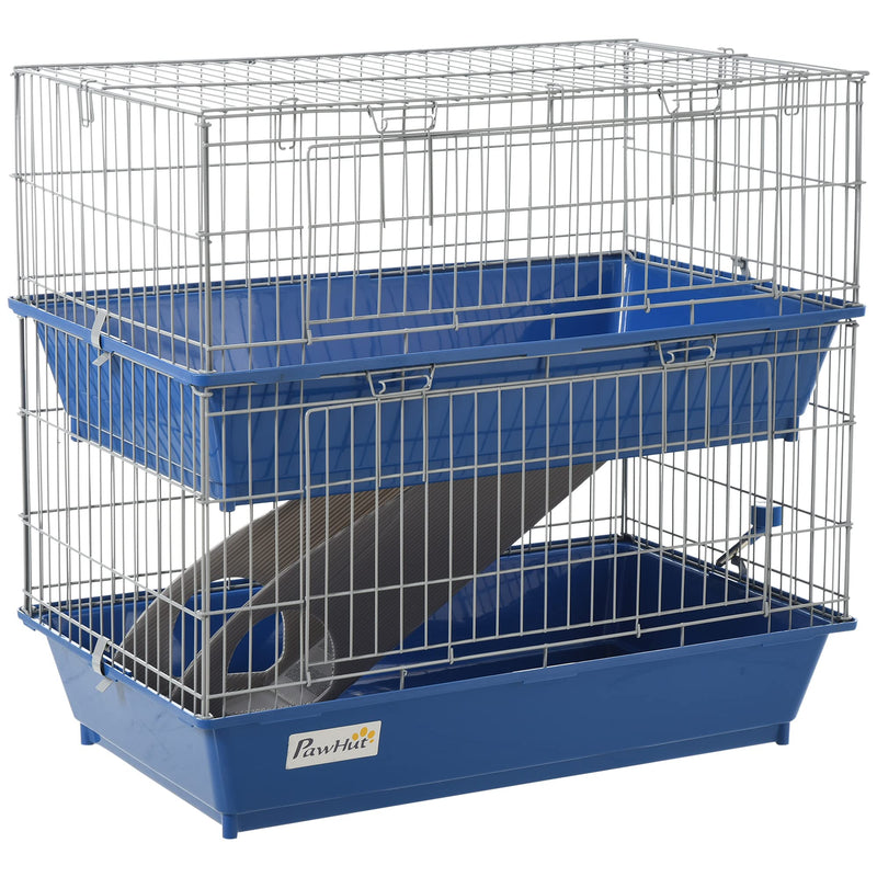 Blue two-story small animal cage with wire construction, ramp, and plastic base trays
