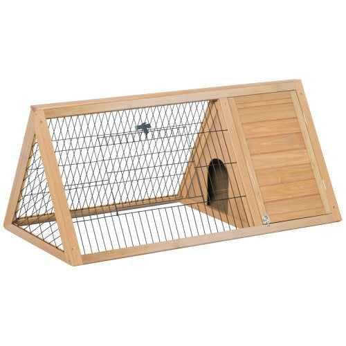 Natural wood A-frame rabbit hutch with wire mesh front and solid wooden sleeping compartment
