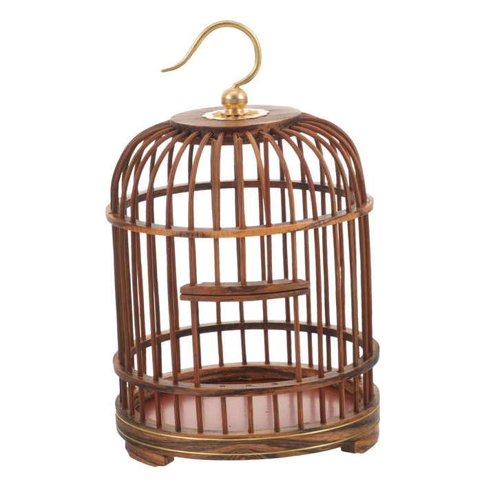Traditional wooden bird cage with vertical slats, brass hook, and small perch inside