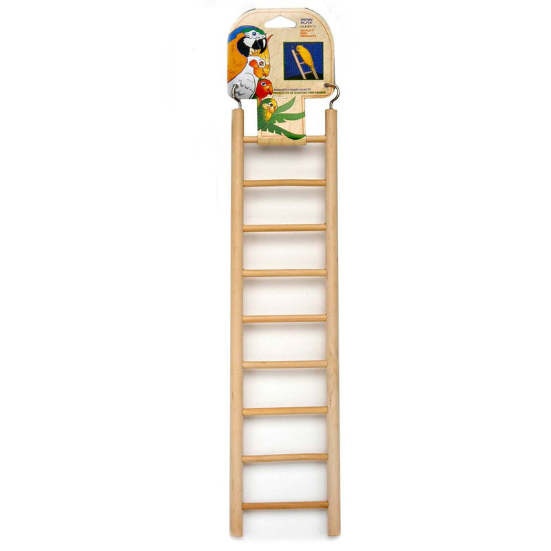 Natural wood 9-step bird ladder with packaging showing colorful parrots on white background