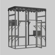 Large wooden cat enclosure with mesh walls, weatherproof roof, and multiple perches shown at angle