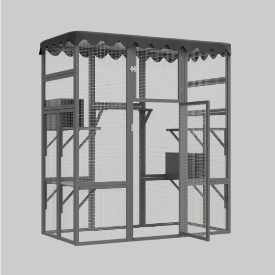 Large wooden cat enclosure with mesh walls, weatherproof roof, and multiple perches shown at angle