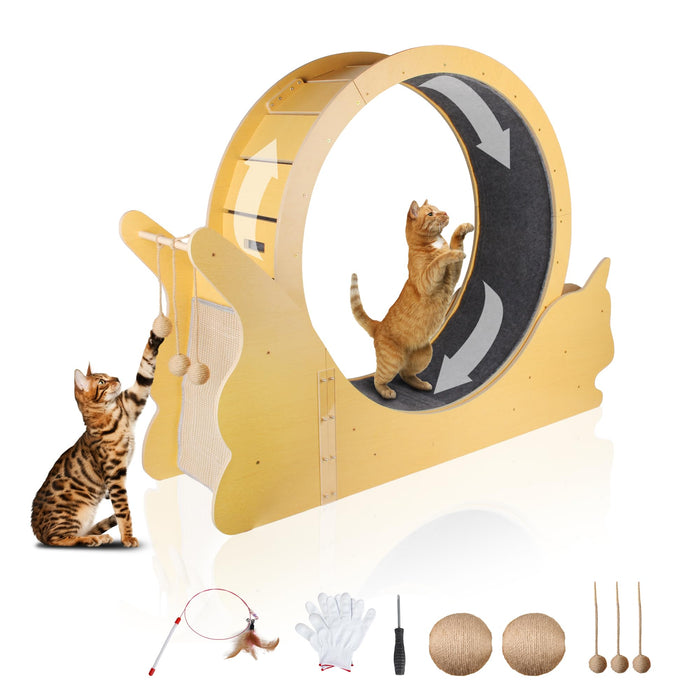 Wooden cat exercise wheel with scratching post, two cats playing, includes toys and accessories