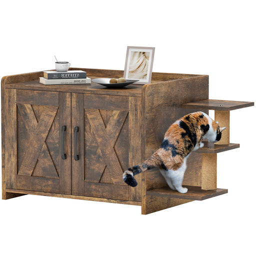 Brown wooden cat litter box enclosure with X-pattern doors and calico cat using side entrance