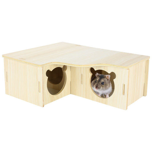 Light wood corner hamster house with two circular entrances and hamster peeking out