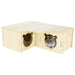 Light wood corner hamster house with two circular entrances and hamster peeking out