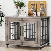 Gray wooden dog crate end table with black metal bars and dog food bags on top