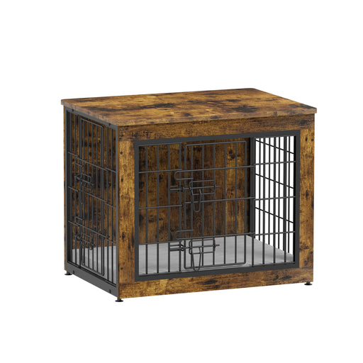 Rustic wooden dog crate with black metal bars and distressed brown finish on white background