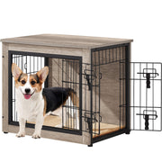 Wooden dog crate with open door and corgi standing outside, showing rustic wood finish and latch