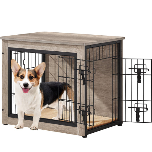 Wooden dog crate with open door and corgi standing outside, showing rustic wood finish and latch