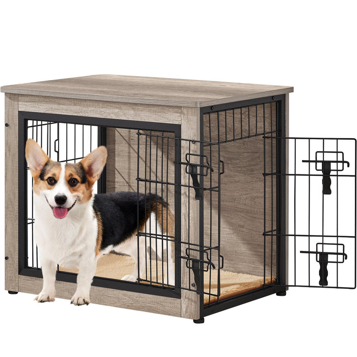 Wooden dog crate with open door and corgi standing outside, showing rustic wood finish and latch