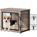 Wooden dog crate with open door and corgi standing outside, showing rustic wood finish and latch