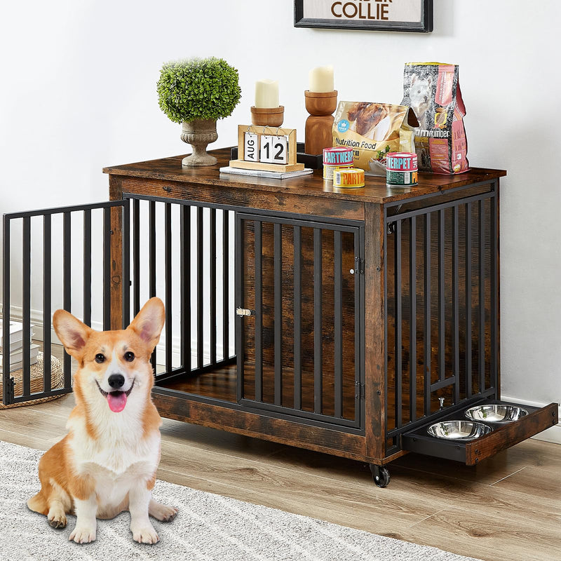 Rustic wooden dog crate with black metal bars and corgi sitting beside it on wheels