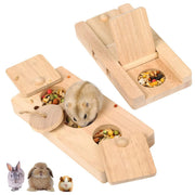 Wooden foraging puzzle feeders with hamster eating colorful treats from circular compartments