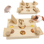 Wooden puzzle toy with circular holes and covers, hamster and guinea pig shown for size reference