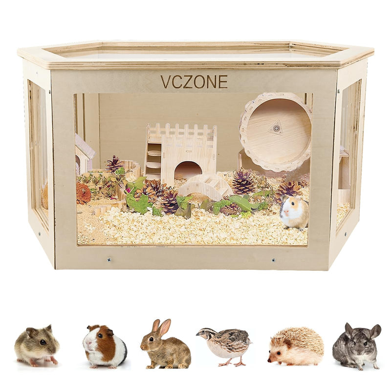 Wooden small animal cage with transparent panels showing guinea pig inside with bedding and toys