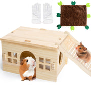 Wooden guinea pig hideout house with stairs, two guinea pigs playing, includes gloves and mat