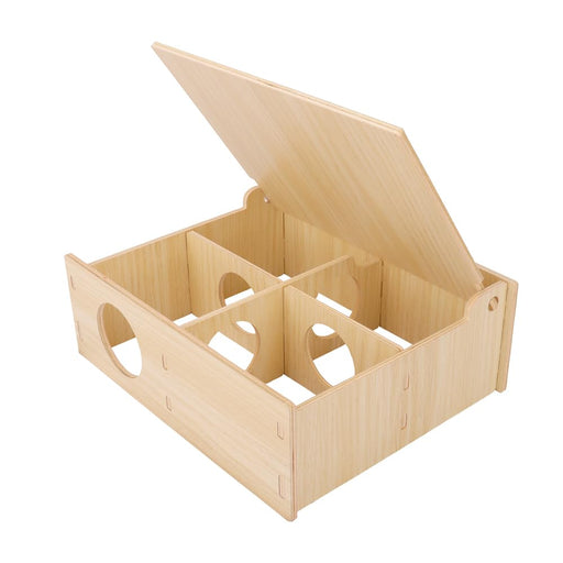 Natural wood hamster hideout box with hinged lid open showing compartments and circular holes