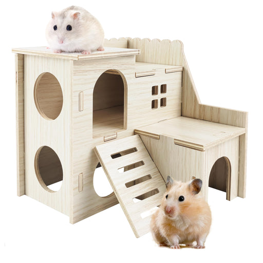 Two hamsters on wooden multi-level playhouse with circular windows, ladder and slide