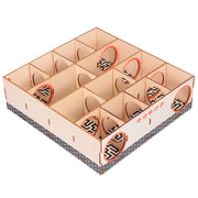 Isometric view of wooden hamster maze with 9 compartments showing cardboard construction and handles