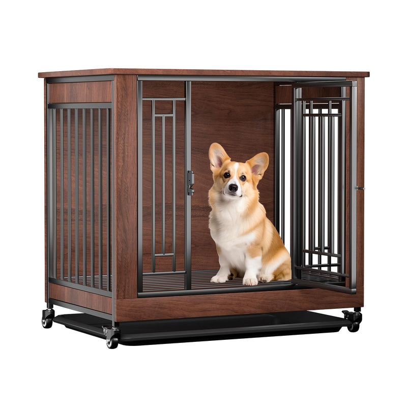 Wooden mobile dog crate with metal bars and open door showing orange and white corgi inside