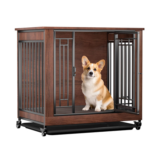 Wooden mobile dog crate with metal bars and open door showing orange and white corgi inside