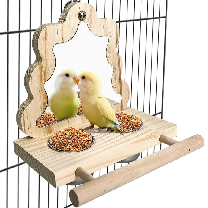 Wooden Parrot Feeding Station with Mirror