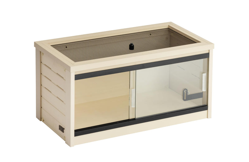 Light wooden reptile enclosure with mesh top, glass front panel, and ventilation slats