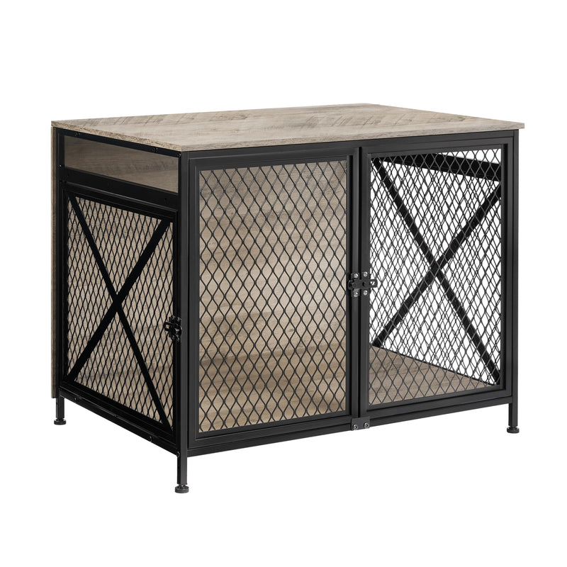 Industrial style dog crate with wooden top, black metal frame and diamond mesh panels