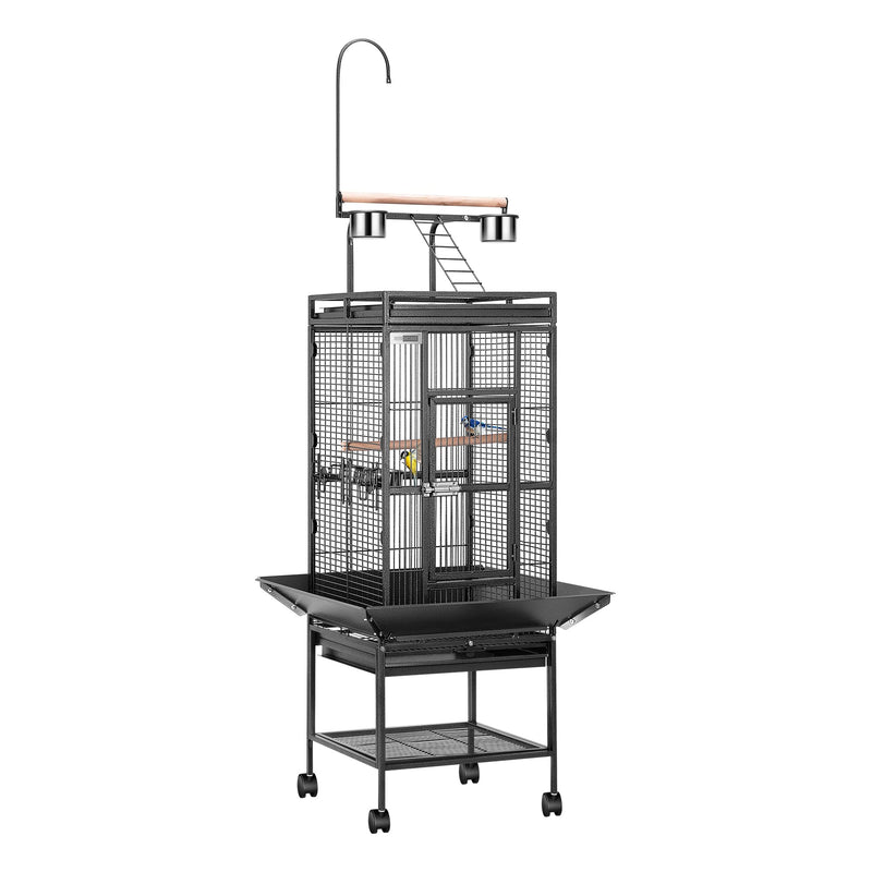 Large black wrought iron bird cage with play top perch, feeding bowls, and rolling stand