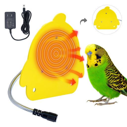 Yellow bird cage heater with orange spiral heating element, power adapter, and green budgie