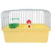Yellow plastic bird carrier with chrome wire bars, green food cups and red water bottle