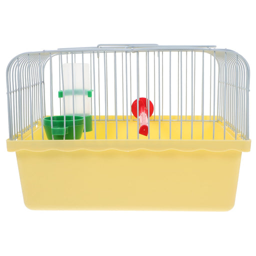Yellow plastic bird carrier with wire cage top, green food dishes and red water bottle inside