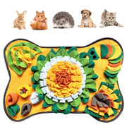 Yellow bone-shaped snuffle mat with colorful fleece strips and small pets shown above