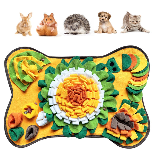 Yellow bone-shaped snuffle mat with colorful fleece strips and small pets shown above