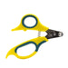 Yellow and teal cat nail clippers with ergonomic handles and spring-loaded mechanism on white