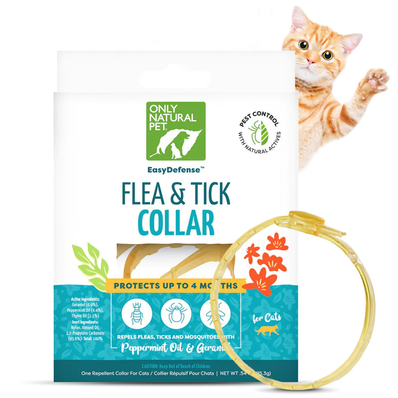 Yellow flea and tick collar displayed with product packaging featuring orange tabby kitten