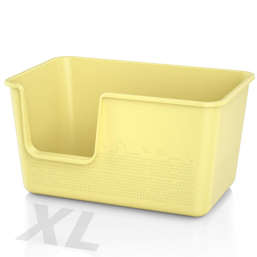 Yellow plastic cat litter box with high sides and textured bottom shown at an angle
