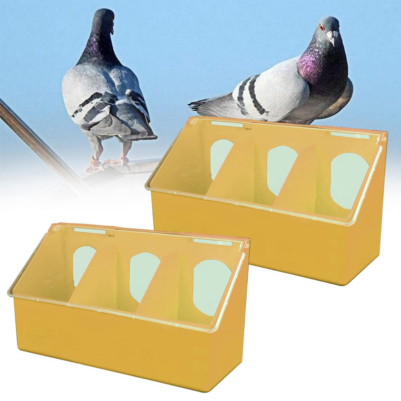 Two yellow plastic pigeon feeders with three compartments each, shown with pigeons perched above