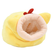 Yellow plush small pet sleep nest with pink interior pink trim and red heart ears
