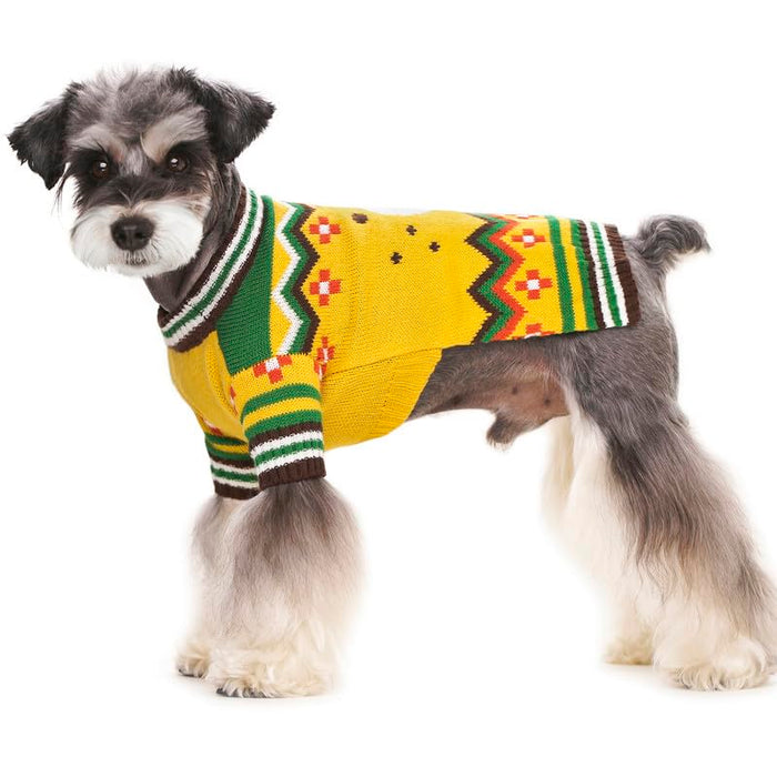 Gray and white schnauzer wearing yellow zigzag dog sweater with green stripes, side profile view
