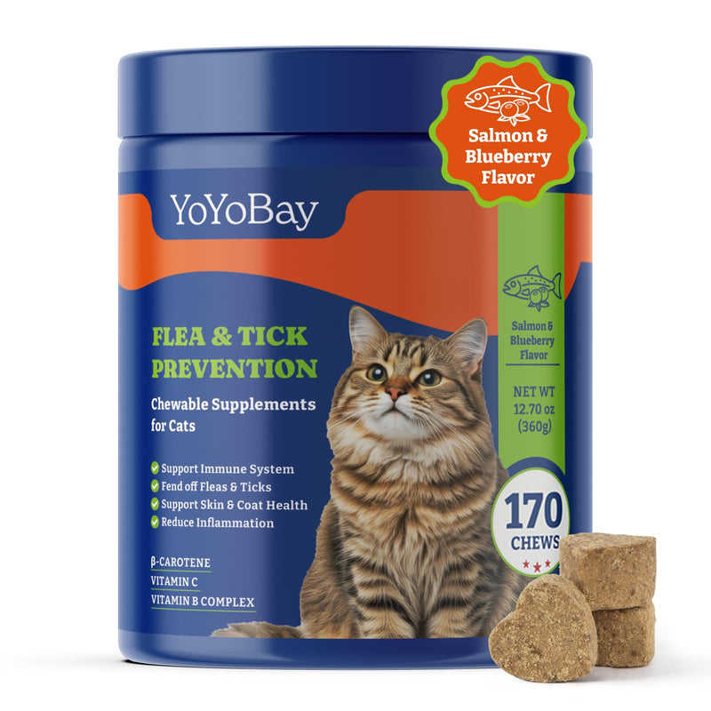 YoYoBay flea and tick prevention supplement container with salmon blueberry chews displayed