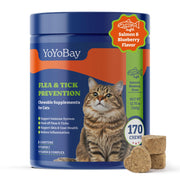 Blue container of YoYoBay flea and tick prevention chews for cats with tabby cat image